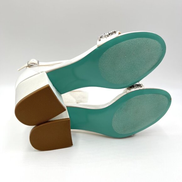 Betsey Johnson Womens Size 6.5 Mel White Satin Jewel Heels Dress Sandals Shoes - Picture 13 of 14